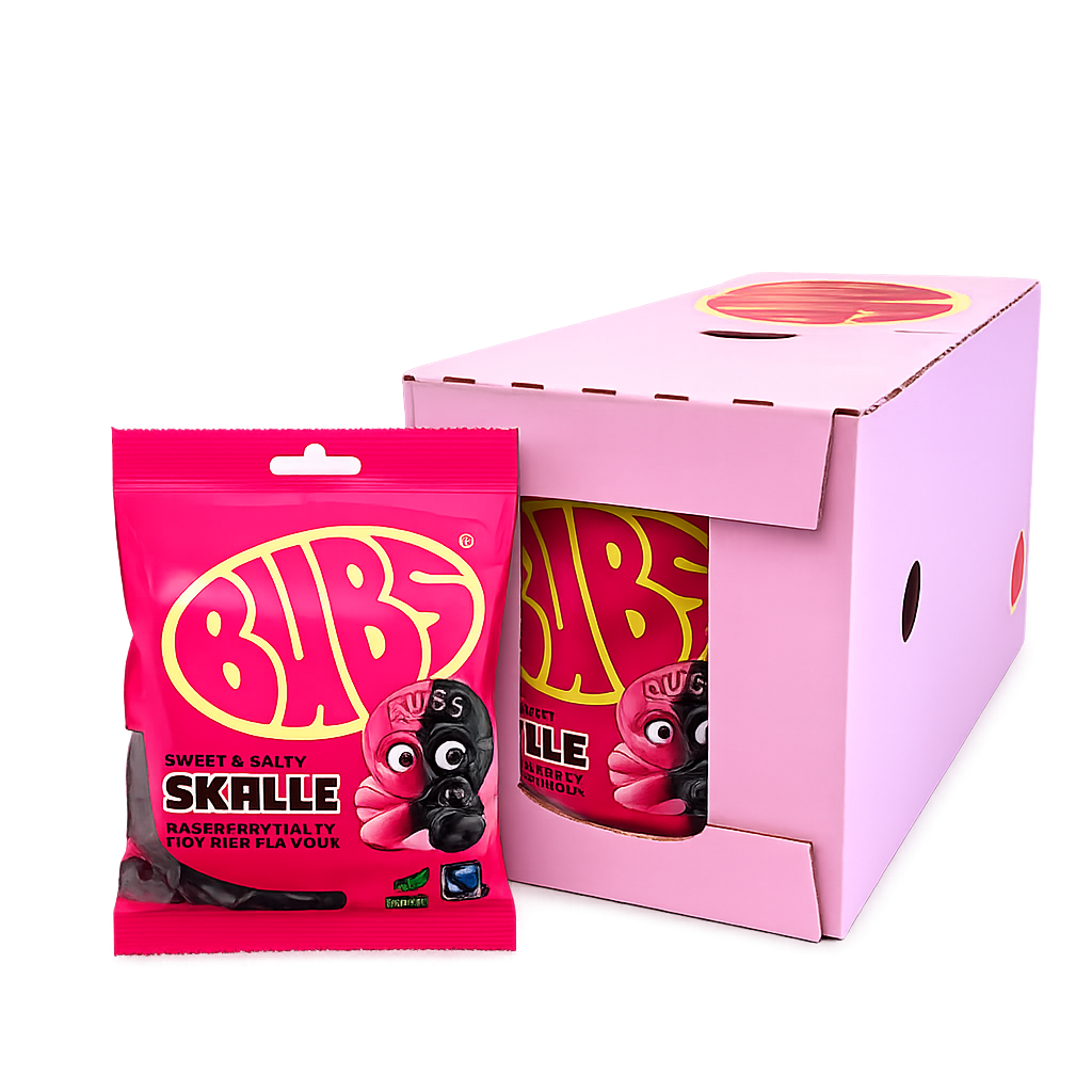 BUBS Raspberry Salty Licorice Skalle 90g 16st Storpack